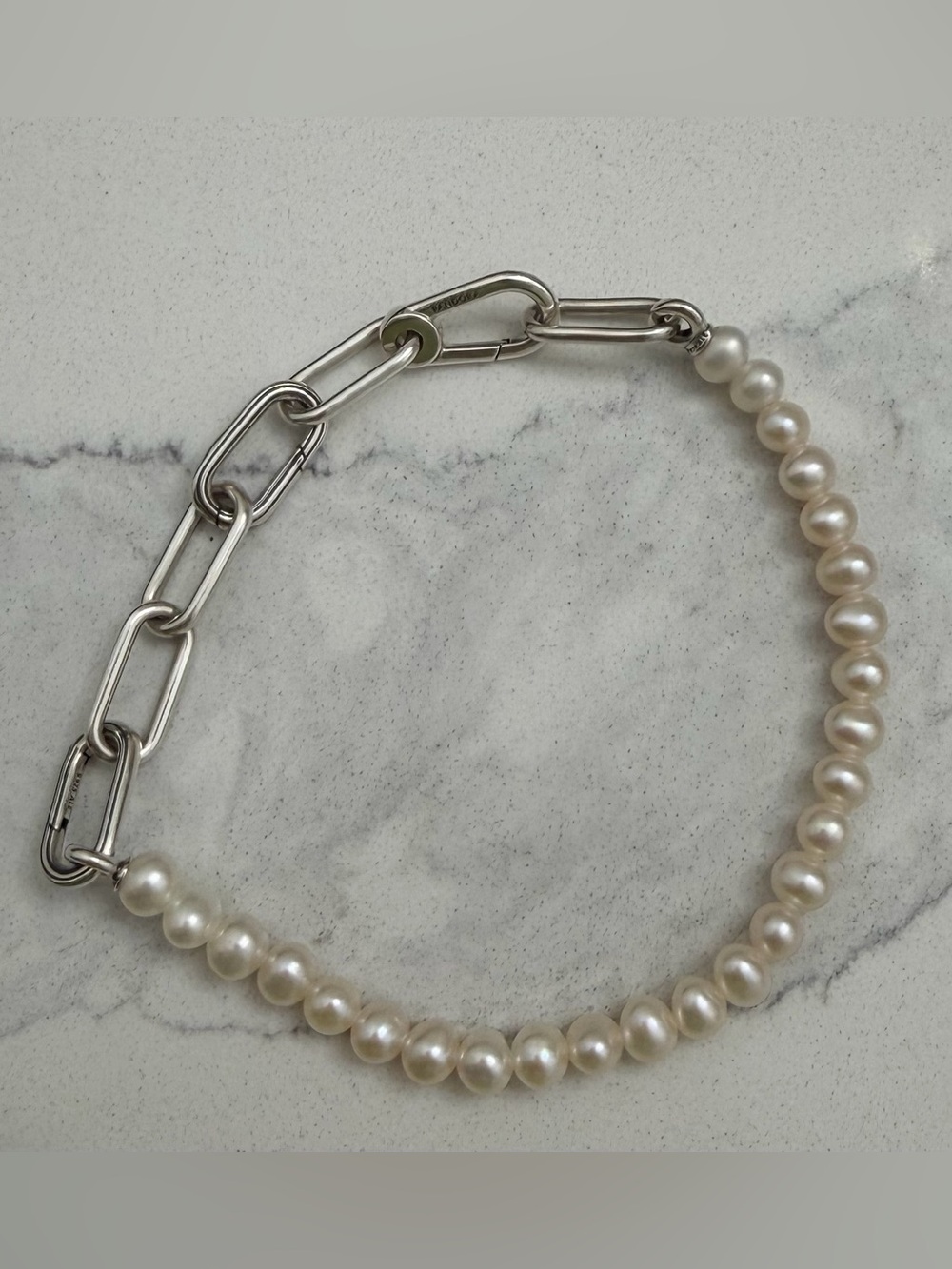 Pandora Silver Chain and White Freshwater Pearl Bracelet